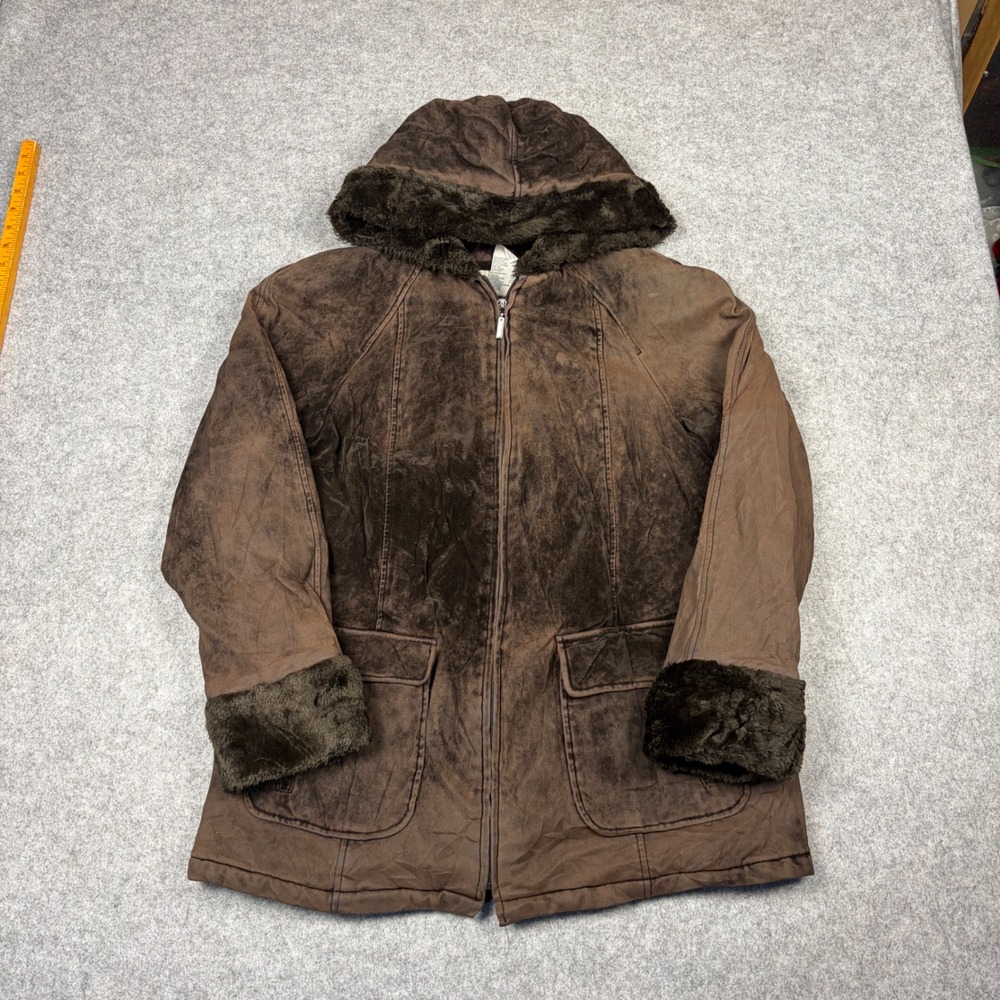White Stag Womens Plus Hooded Faux Suede Fur Trim Jacket Brown 16W XL E1WS3637